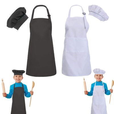multifuns 2 Sets Black & White Kids Aprons and Chef Hat Set for Girls Boys Baking Cooking Painting 5-12 Ages