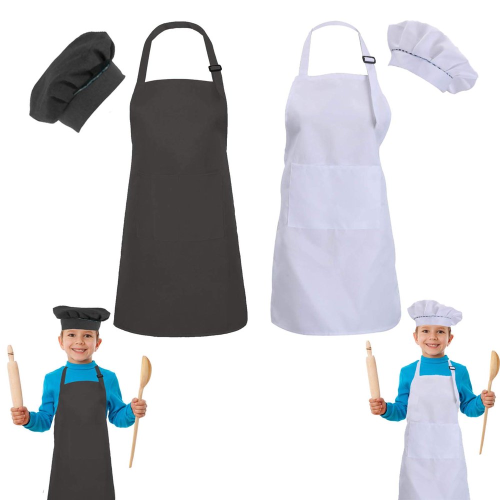 multifuns 2 Sets Black & White Kids Aprons and Chef Hat Set for Girls Boys Baking Cooking Painting 5-12 Ages