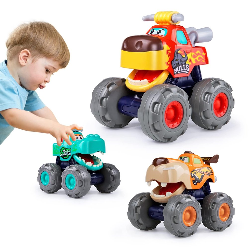 Toy Cars for 1 2 3 Year Old 3 Pack Monster Truck Toys Crocodile Bull Leopard Pull Back Car Big Wheel Animal Toy Trucks for Toddler 1-3 Baby Toys 12 18 Months Boy Girl Toddler Toy for 1 Year Old Gift