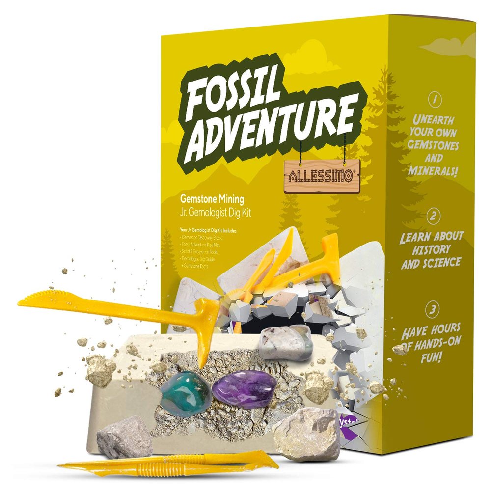 Allessimo Fossil Adventure- Gemstone Mining Dig Kit, Complete Excavation Geology Science Toy Kits for Kids, Discover Real Gems, Educational and Fun Learning Adventure for Boys and Girls