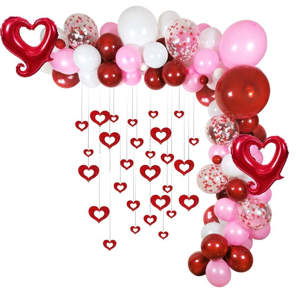 Valentines Red White Pink Balloons Garland, 100pcs 18" 12" 5" Latex Balloons Red Heart Shape Foil Balloon Red Heart Hanging for Galentines Womens Birthday Engagement Party Decorations