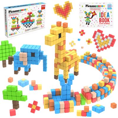 PicassoTiles 108pcs 1 Magnetic Puzzle Cubes Magnet Toys Preschool Construction Building Block Set Sensory Toy Early Education STEM Learning Come with Ideabook for Children Age 3+ Boy Girl PMC108