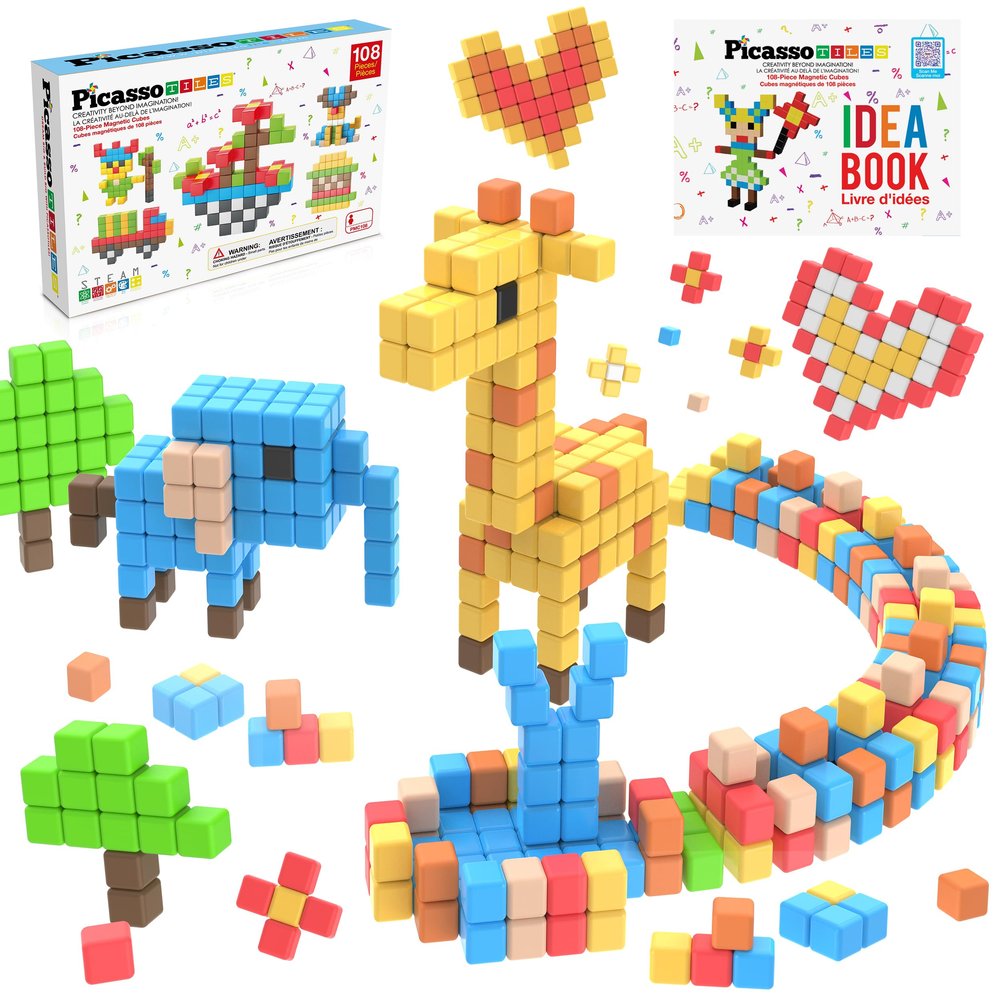 PicassoTiles 108pcs 1 Magnetic Puzzle Cubes Magnet Toys Preschool Construction Building Block Set Sensory Toy Early Education STEM Learning Come with Ideabook for Children Age 3+ Boy Girl PMC108