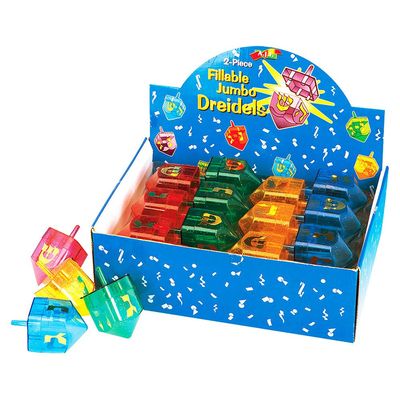 Aviv Judaica Fillable Dreidels 48 Count of 2 Part Driedels in Counter Display Box 4 Assorted Colors Dreidels with Metallic Printed Hebrew Letters