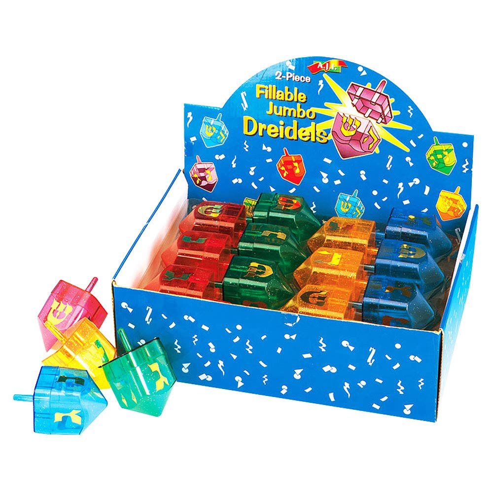 Aviv Judaica Fillable Dreidels 48 Count of 2 Part Driedels in Counter Display Box 4 Assorted Colors Dreidels with Metallic Printed Hebrew Letters