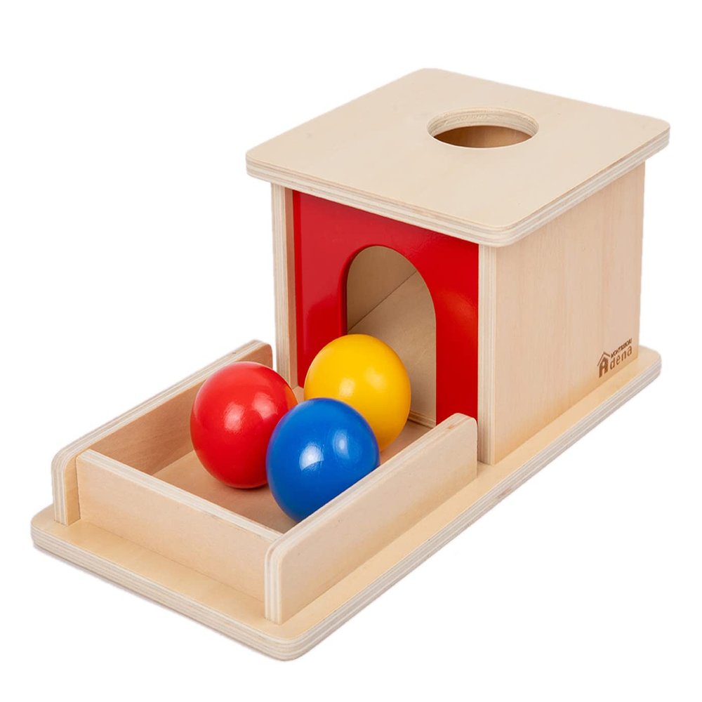 Adena Montessori Wooden Toy for 6-12 Month Baby 3 Balls,Object Permanence Box with red Door Colorful Learning Education Toy for Toddler Kid 1-2 Year Old, Preschool Girl and Boy Gift Full Size Typical