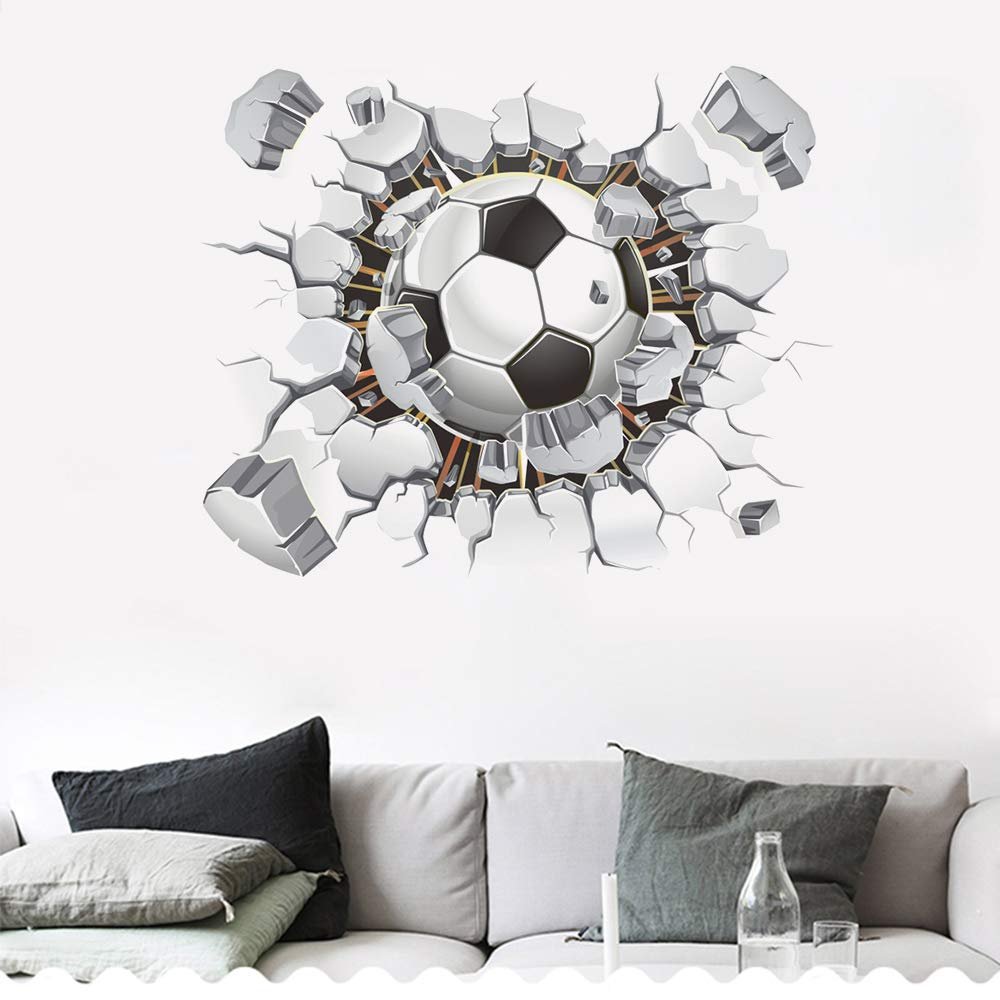 3D Soccer Stickers, Art Ball Soccer Wall Decal for Kids Room, FFootball Vinyl DIY Soccer Wallpaper for Boys Bedroom Playroom Living Room Window Door Decoration, 19.7 x 24.3in