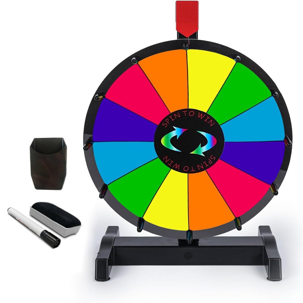 Hooomyai 12" Tabletop Spinning Prize Wheel with Plastic Base Stand, 12 Slots Spin Wheel Spinner with Dry Erase Markers and Eraser for Classroom Fortune Game TradeShow Carnival Party