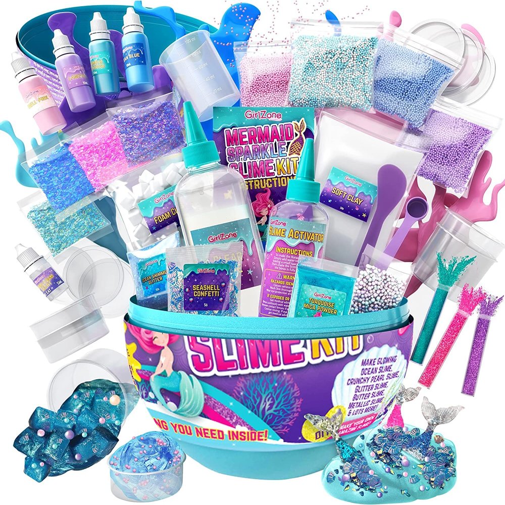 GirlZone Egg Surprise Mermaid Sparkle Slime Kit for Girls Ages 712, DIY Glow-in-The-Dark Slime Set with Glitter Add-Ins & 39 Pieces, Fun Creative Craft Activity, Easter for Kids