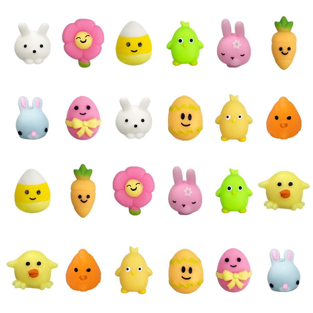 QINGQIU 24 PCS Easter Mochi Squishy Toys Stress Relief Squishies for Kids Boys Girls Toddlers Easter Basket Stuffers Egg Fillers Gifts Party Favors