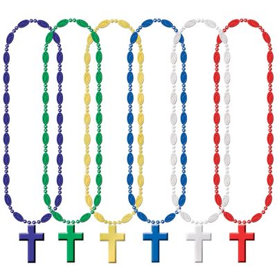 Club Pack of 12 Vibrantly Colored Cross Beaded Party Favors Necklaces 33''