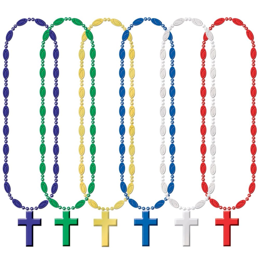 Club Pack of 12 Vibrantly Colored Cross Beaded Party Favors Necklaces 33''