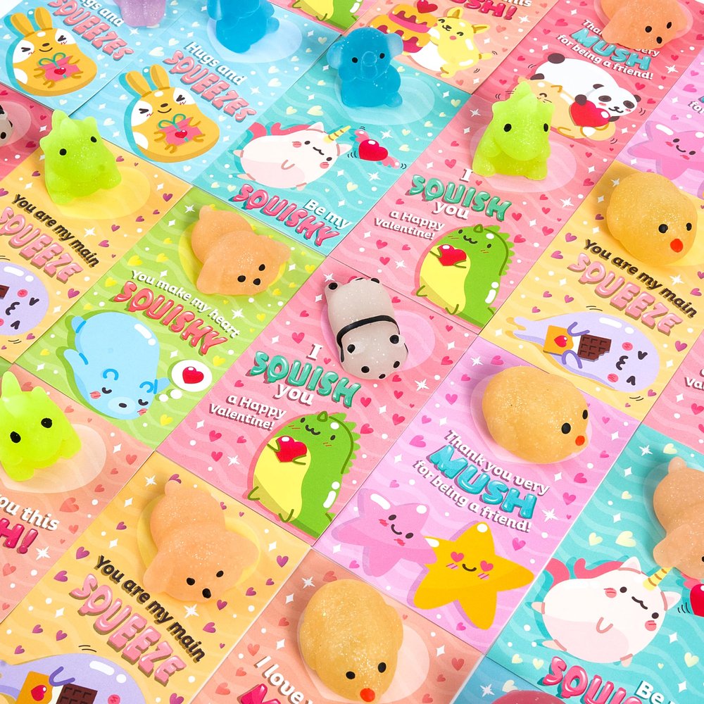 JOYIN 28 Packs Valentines Day Gifts for Kids, Kawaii Mochi Squishy Toy with Valentines Day Cards for Kids School Classroom, Stress Relief Toy for Boy Girl Valentine Party Favor, Class Exchange Prizes