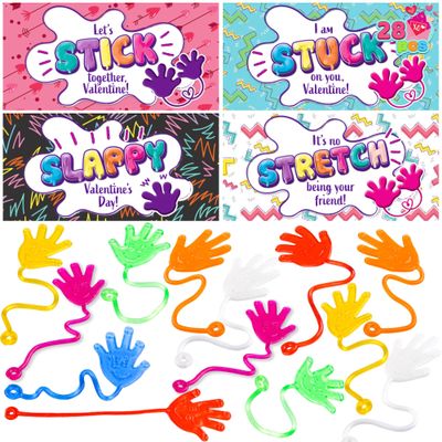 JOYIN 28 Packs Valentines Day Sticky Hands with Card Headers for Kids Party Favor, Classroom Exchange Prizes, Valentines Day Greeting Cards, Party Favors and Exchange Gifts