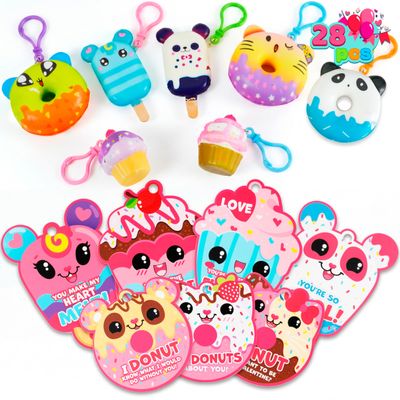 JOYIN 28 Packs Valentine Dessert squishy toys Stress Relief Keychains with Cards for Classroom Exchange Prizes, Fidget Toy Valentines Greeting Cards, Valentine Party Favors, Exchange Gifts