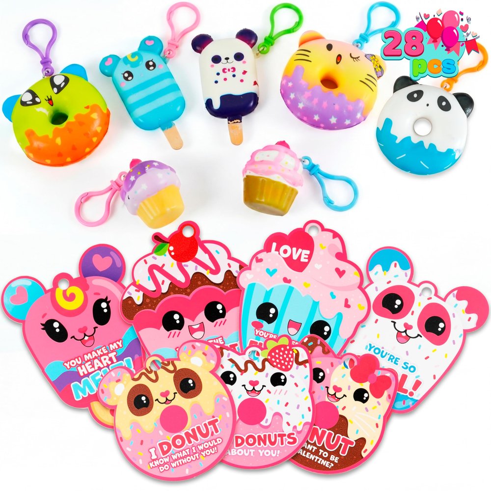 JOYIN 28 Packs Valentine Dessert squishy toys Stress Relief Keychains with Cards for Classroom Exchange Prizes, Fidget Toy Valentines Greeting Cards, Valentine Party Favors, Exchange Gifts