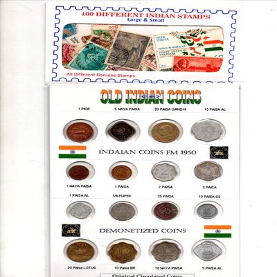 100 Different Republic India Definitive Stamps + 16 Pcs Different Old Indian Coins Superb Pack - Paise, Rupee, Gandhi Commemorative (1950-90) - Rare Historical Collectibles Set