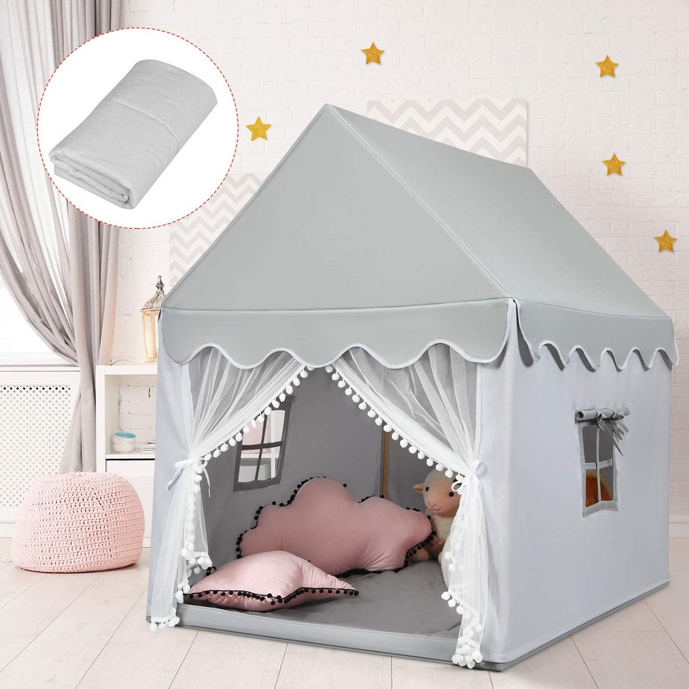 Costzon Kids Play Tent, Large Playhouse w/Washable Mat, Windows, Solid Wood Frame, Indoor Outdoor Princess Tent for Children Boys & Girls, Castle Fairy Tent, Holiday Birthday Gift (Gray)