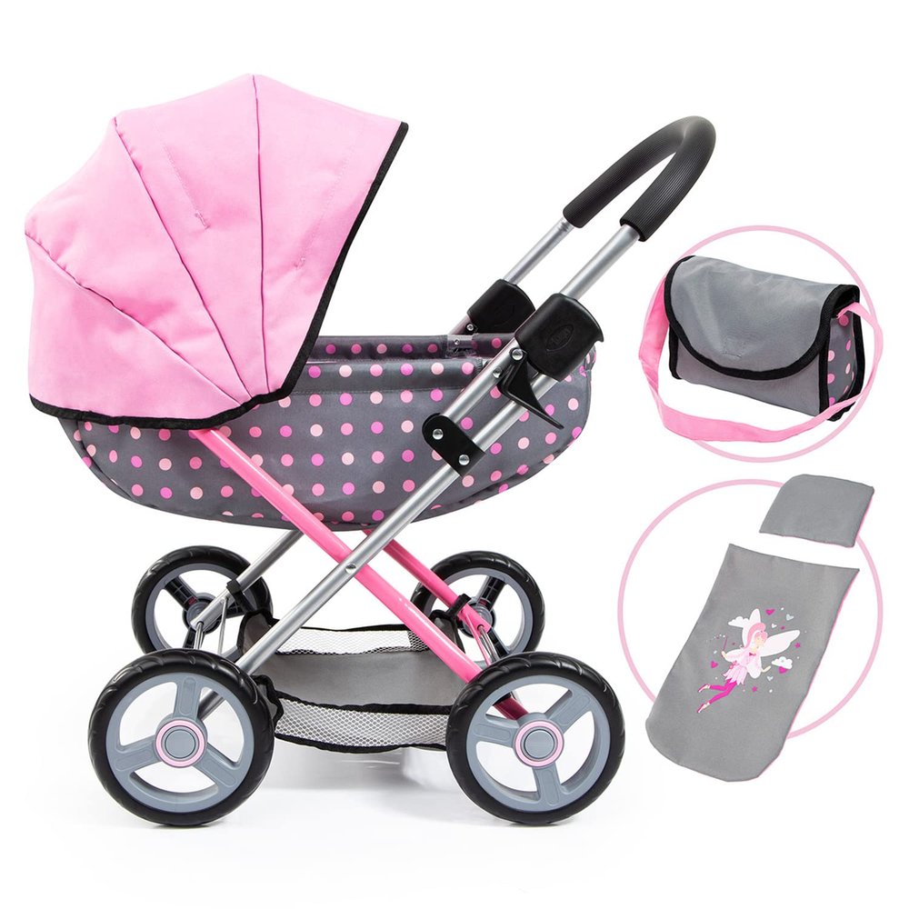 Bayer: Pram Cosy, Fairy Poka Dot Grey Pink - Includes Blanket+Pillow+Handbag, for Dolls Up to 18", Ages 3+