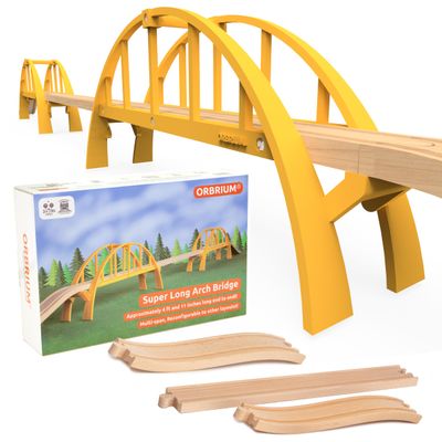 ORBRIUM Wooden Train Tracks Accessories Super Long Double Span Arch Bridge ~ 5 Ft Long for Wooden Railway Wood Toy Train Montessori STEM Toys Compatible with Thomas The Tank Brio Melissa and Doug