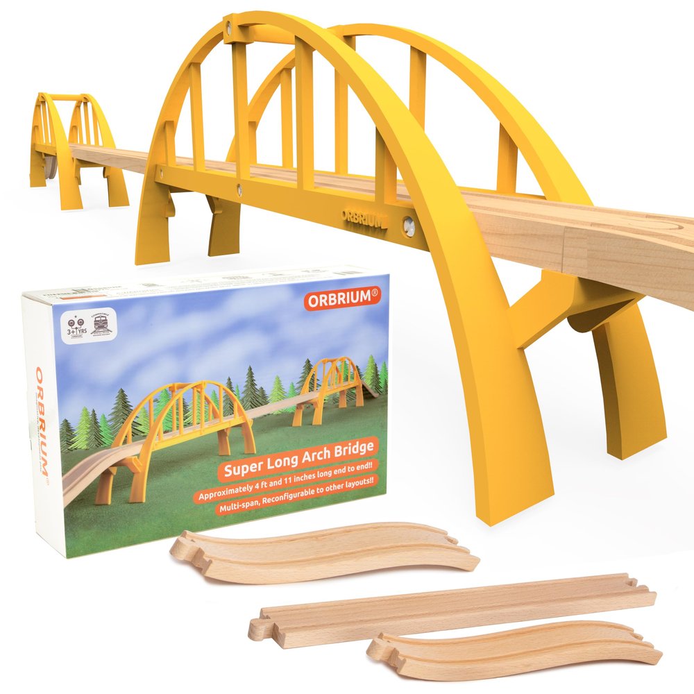 ORBRIUM Wooden Train Tracks Accessories Super Long Double Span Arch Bridge ~ 5 Ft Long for Wooden Railway Wood Toy Train Montessori STEM Toys Compatible with Thomas The Tank Brio Melissa and Doug