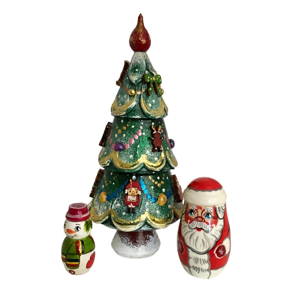 BuyRussianGifts Small Christmas Tree Authentic Russian Nesting Dolls Handcrafted Nesting Set of 3 Stacking Dolls 6 inch Tall