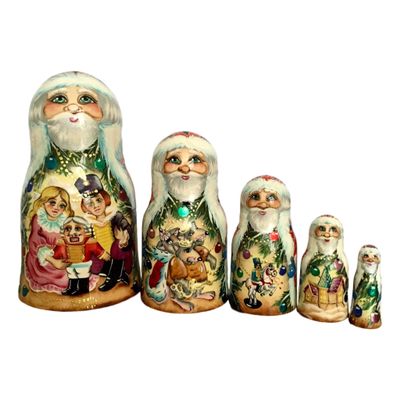 Santa Russian Nesting Doll Nutcracker Fairytale Story Handcrafted Matryoshka. 7 Inch Tall