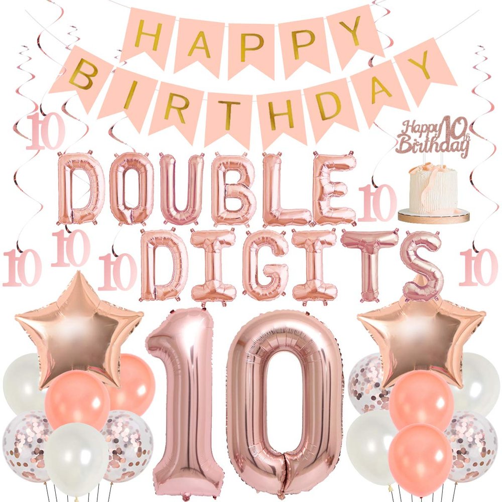 10th Birthday Decoration Girl Rose Gold Double Digits 10 Birthday Decorations with Number 10 Balloons Hanging Swirls Cake Topper