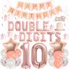 10th Birthday Decoration Girl Rose Gold Double Digits 10 Birthday Decorations with Number 10 Balloons Hanging Swirls Cake Topper view 1