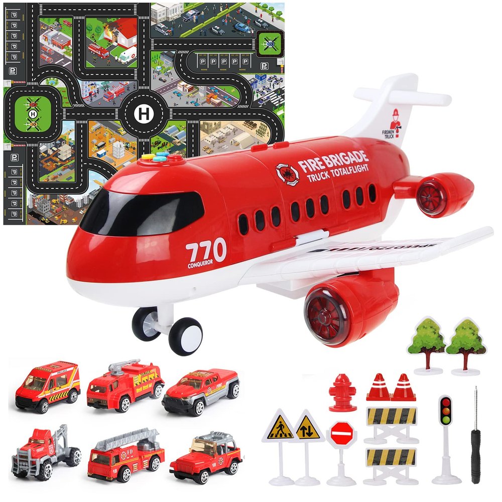 Coolplay Red Airplane Toy Set - Rescue Fire Truck & Ambulance Car with Lights & Sound for Boys 3-6 Years