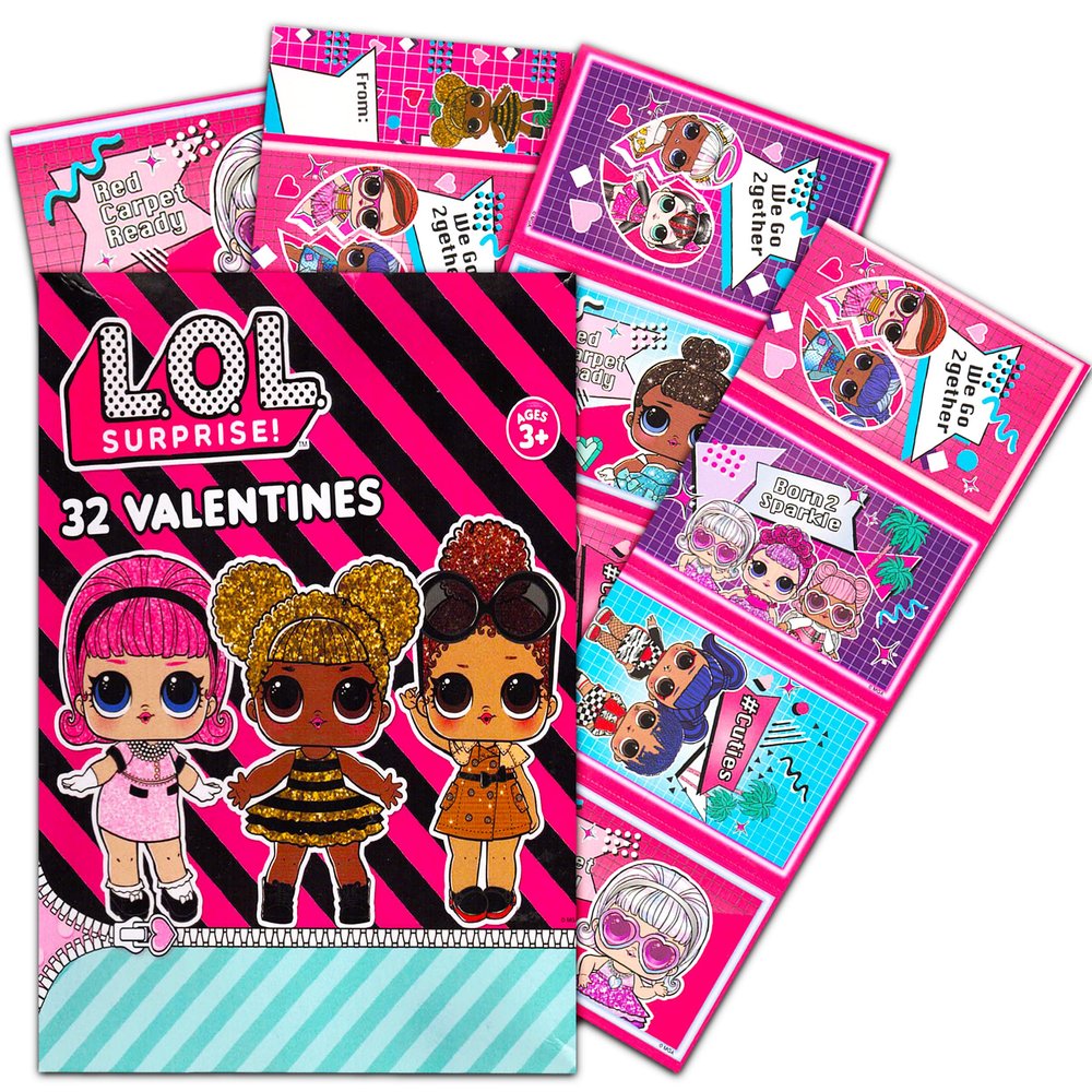 Girl LOL Dolls Valentine Cards - 32pc Bundle for Kids & Toddlers (Boxed School Classroom Pack)