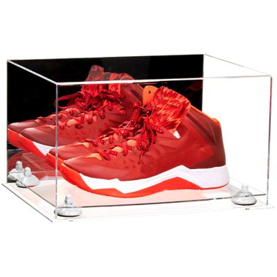 Better Display Cases Acrylic Shoe Pair Display Case - Large Rectangle Box with Mirror Case, Clear Base and White Risers 15.25" x 12" x 9" (A082/V13)