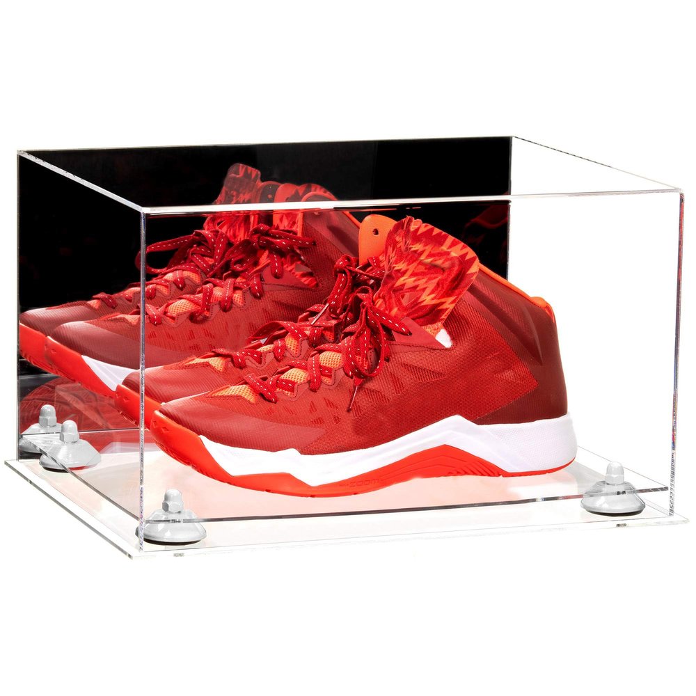 Better Display Cases Acrylic Shoe Pair Display Case - Large Rectangle Box with Mirror Case, Clear Base and White Risers 15.25" x 12" x 9" (A082/V13)