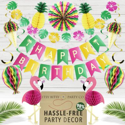 Premium Reusable Luau Party Decorations - Hawaiian Aloha/Happy Birthday Banner, Pineapple, Flamingo Decor for Summer/Beach/Tropical Parties