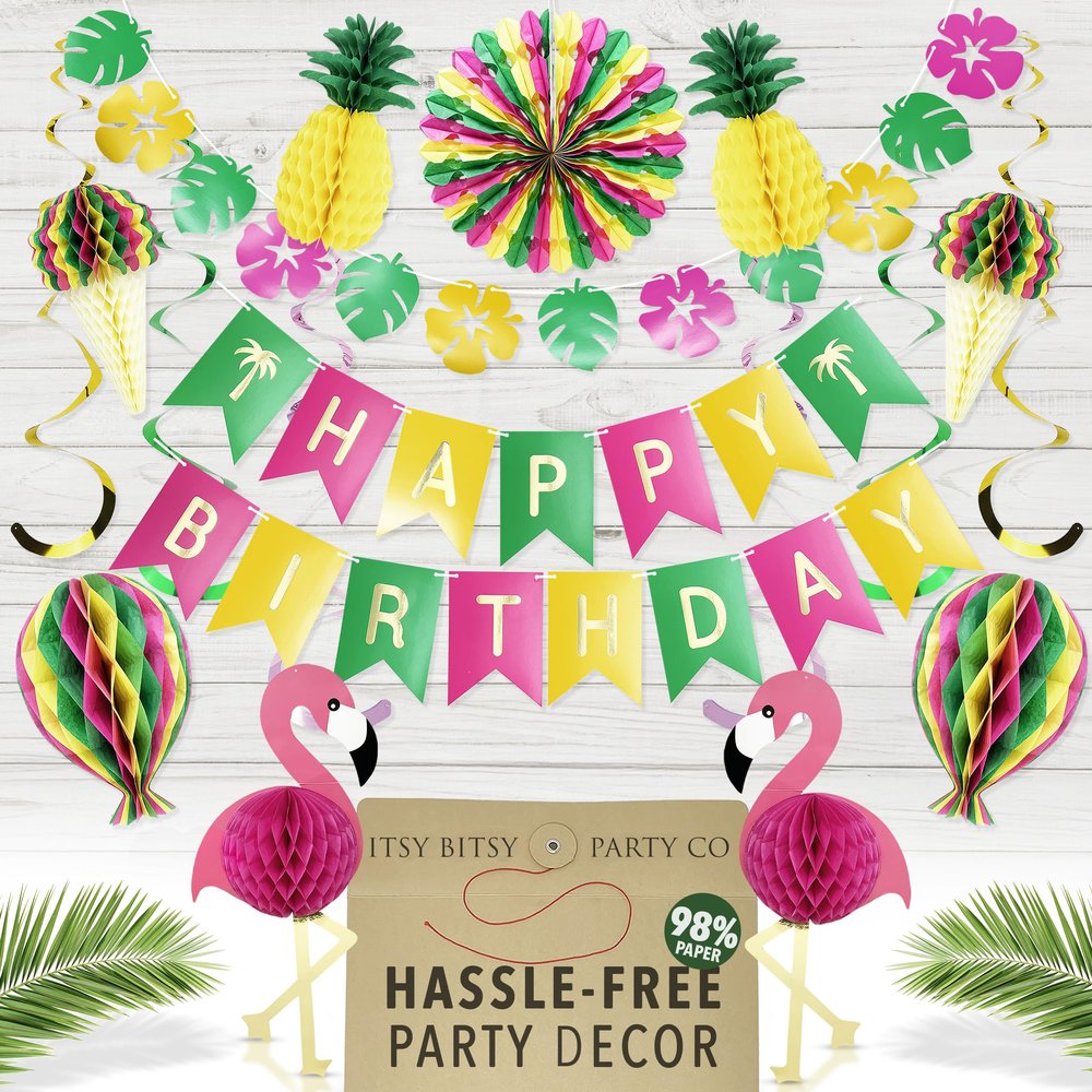 Premium Reusable Luau Party Decorations - Hawaiian Aloha/Happy Birthday Banner, Pineapple, Flamingo Decor for Summer/Beach/Tropical Parties