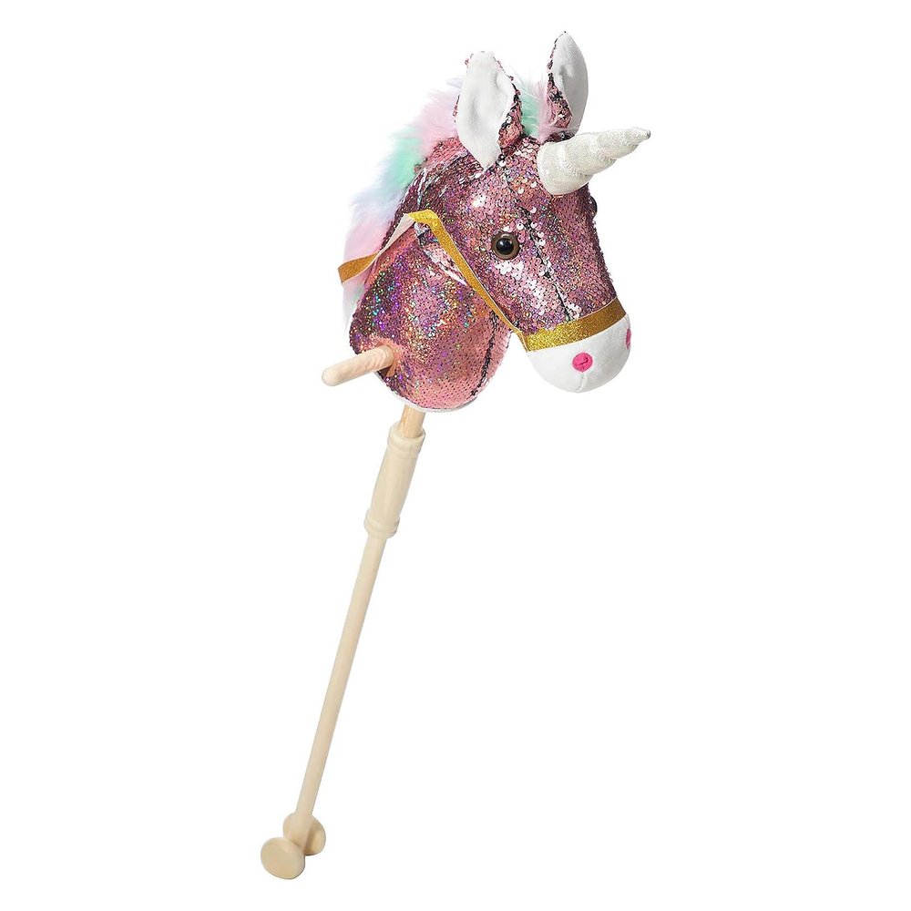 HollyHOME Sequin Unicorn Stick Horse Handcrafted Hobby Horse on a Stick with Wood Wheels Real Pony Neighing and Galloping Sounds Plush Unicorn Toy Pink 36 Inches(AA Batteries Required)