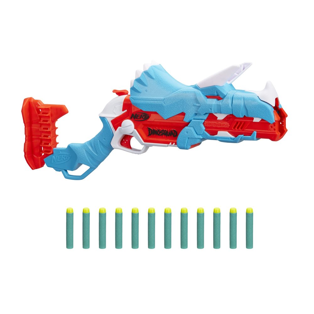 Nerf DinoSquad Tricera-Blast Dart Blaster, 12 Official Nerf Darts, Christmas Stocking Stuffers, Kids Outdoor Dinosaur Toys for 8 Years and Up, Triceratops Dinosaur Design