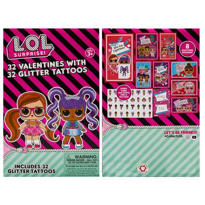 32 Count School Valentines Day Illustrated Cards with Matching Stickers or Tattoos (LOL Dolls)