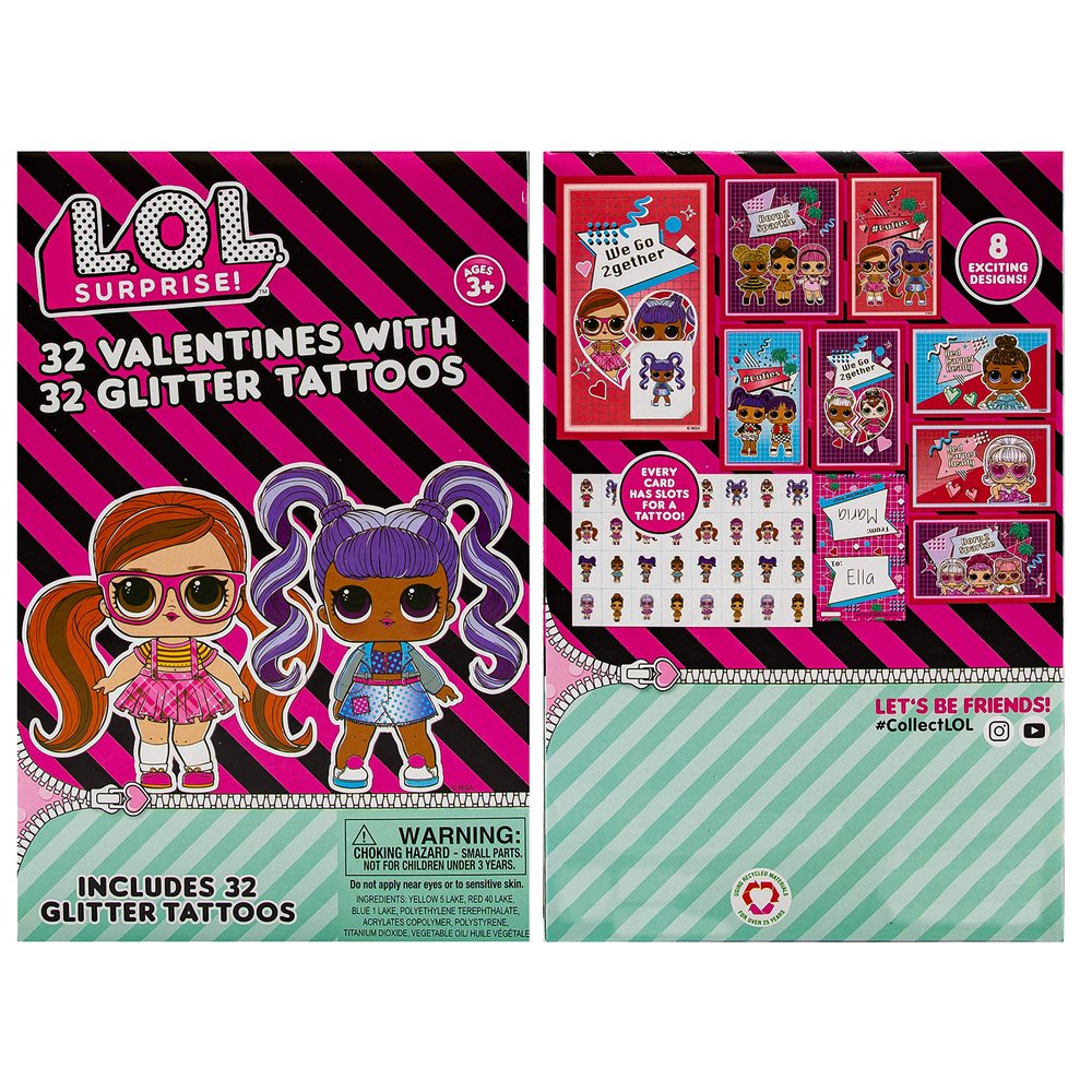 32 Count School Valentines Day Illustrated Cards with Matching Stickers or Tattoos (LOL Dolls)