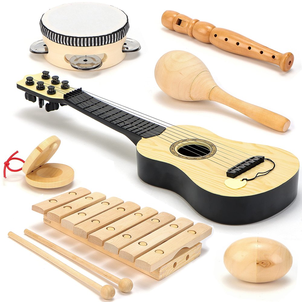 Wooden Musical Instruments for Toddlers  7-Piece Kids Music Set with Xylophone, Guitar & Percussion | Natural Wood, Non-Toxic | Ages 3+