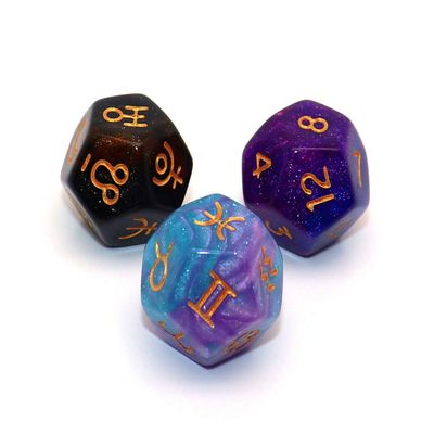 3 Pieces Astrology Dice Acrylic Pearl Astrological Dice for Constellation Divination Accessory 3 Colors D12 Glitter Astro Dice Set Tarot Assories
