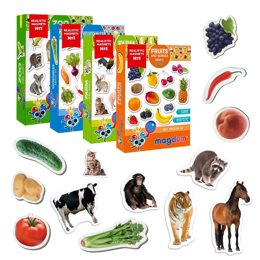 Fridge Magnets for Toddlers - Magdum - 85 Set Zoo+Farm+Fruit+Vegetable - Real Magnetic Animals for Refrigerator - Realistic Magnets for Kids - Learning Toy Set - Baby Educational Gift - 4 Box