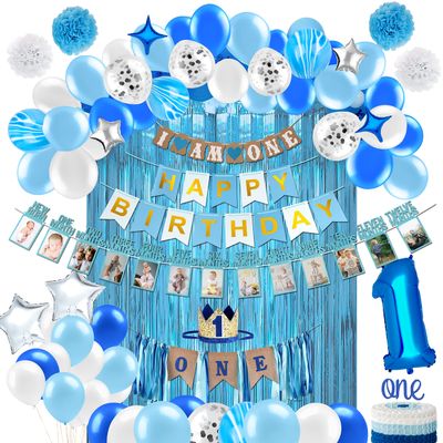 PartyHooman Boy 1st Birthday Decors: Package With Photo Banner, Backdrop, Crown, High Chair Banner & Supplies