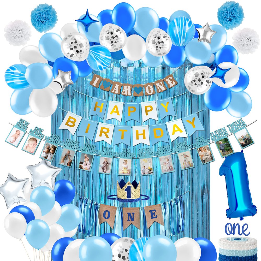 PartyHooman Boy 1st Birthday Decors: Package With Photo Banner, Backdrop, Crown, High Chair Banner & Supplies
