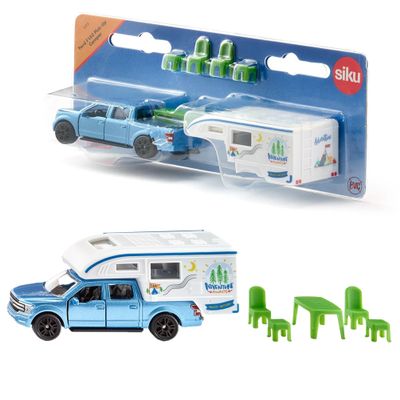 Siku 1693, Ford F150 Pick-Up Camper, Metal/Plastic, Blue/White, Chairs, Stool and Table, Extendable Awning