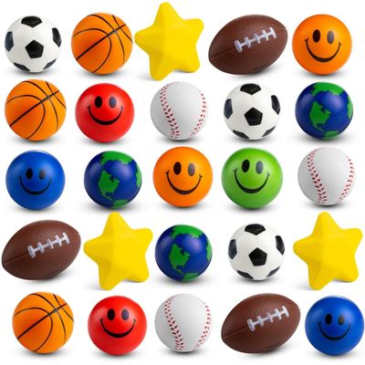 Bulk Mini Stress Balls for Kids (25 Pack) 2-3 Inch Soft Squeezable Fidget Toy Balls, Variety of Shapes & Colors, for Kids Birthday Party Favors & Goody Bag Stuffers, Game Prizes for Boys & Girls