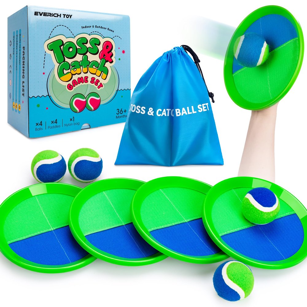 EVERICH TOY Upgraded Toss and Catch Ball Game Set, Kids Toy Stocking Stuffers for Boys Girls Ages 3-12, Includes 4 Paddles 4 Sticky Balls, Water-Resistant Indoor Outdoor Toy for Beach Pool Yard