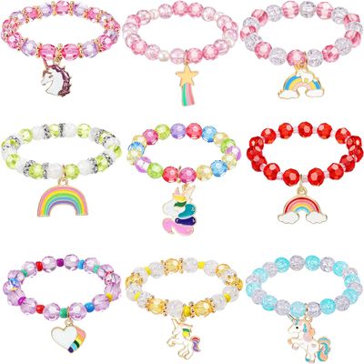 Hicarer 9 Pcs Unicorn Rainbow Bracelets Beaded Jewelry for Unicorn Party Favors Gala Accessories Easter Basket Stuffers Goodie Bag Fillers Gift(Classic Style)