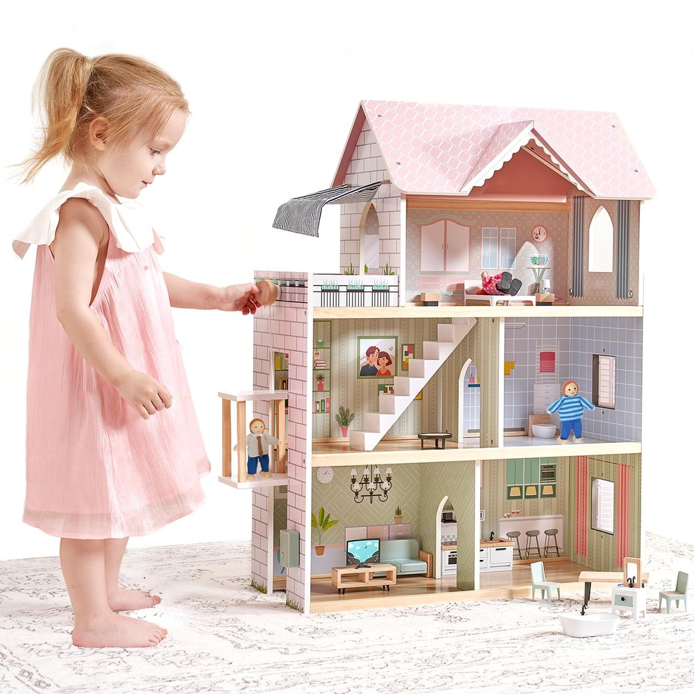 Giant bean Large Pink Wooden Dollhouse with Furniture for Girls with Doorbell, Light,Elevator, 6 Rooms 2.6ft High,15 Pcs Furniture & 3 Dolls, Kids Playhouse Toy for Girls 3-7+, 31.5" x 25" x 12.2"