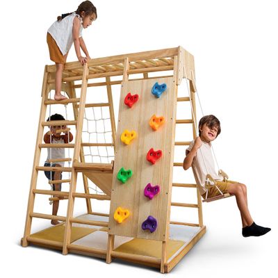 Avenlur Indoor Playground Jungle Gym  Magnolia 6-in-1 Montessori Wooden Indoor Playground for Kids & Toddlers Ages 2-6  Waldorf Toys, Rope Ladder, Indoor Swing, Baby Slide, Rock Climbing Wall, More